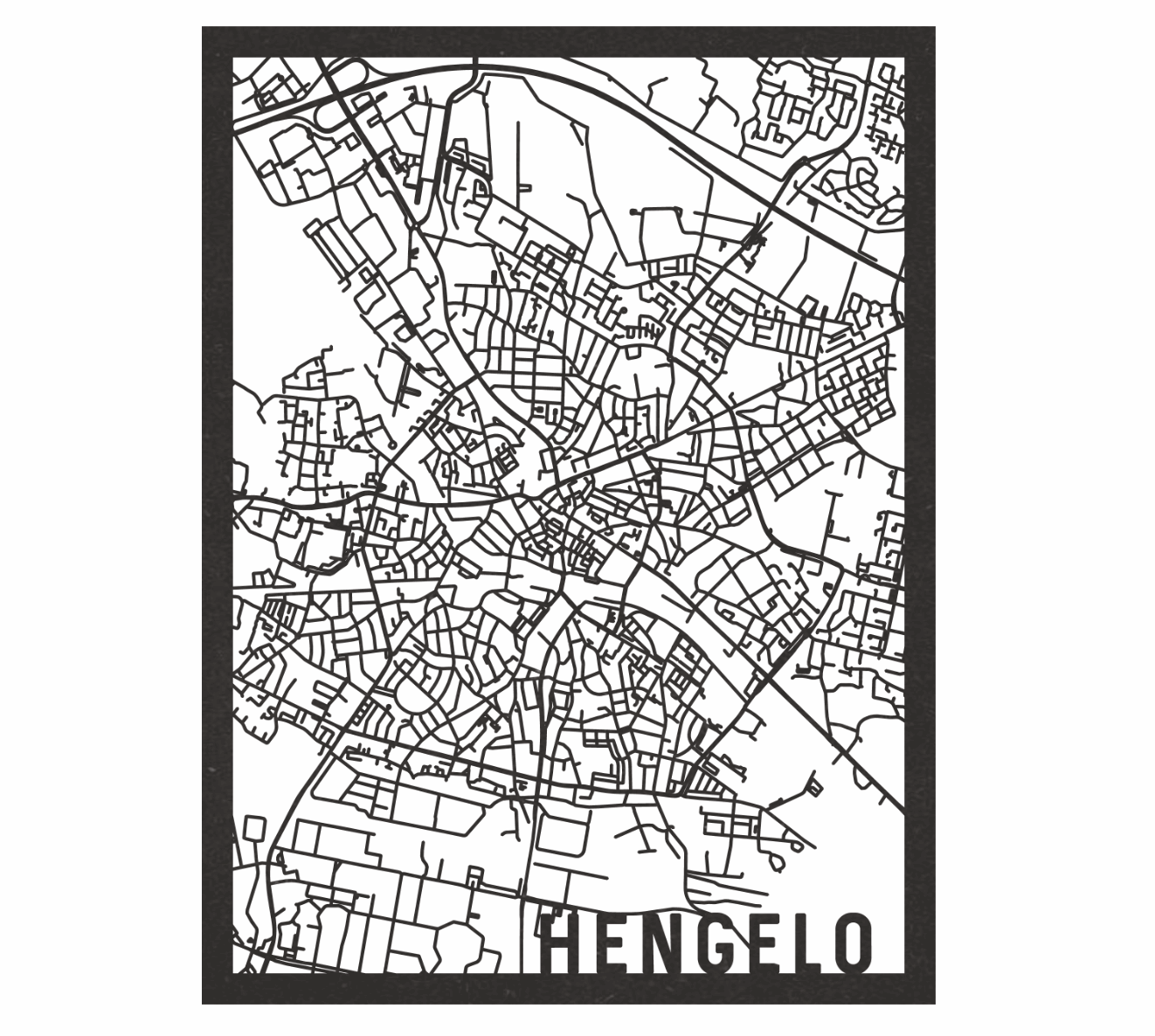 City Map Hengelo zwart mdf verkrijgbaar in 2 maten Ornament City Shapes 30 x 40 cm