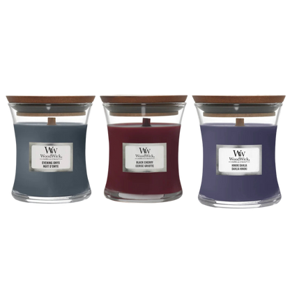 Giftset 3 x Mini candle WoodWick Cadeauverpakking WoodWick Geurset Onyx/Black Cherry/Hinoki