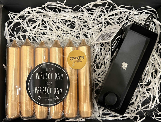 Giftset Gouden Kaarsen + zwarte kandelaar HV Cadeauverpakking Ohker Living