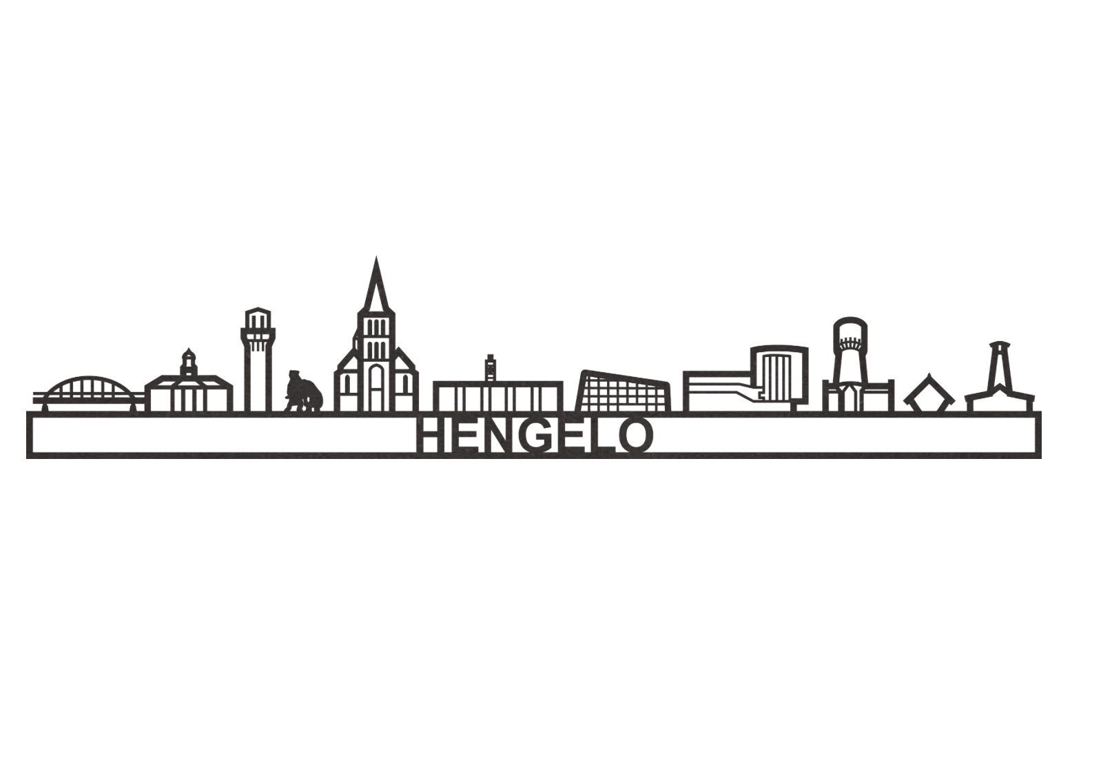 Skyline Hengelo Met Tekst 4 kleuren en 3 maten. Ornament City Shapes Zwart 60cm